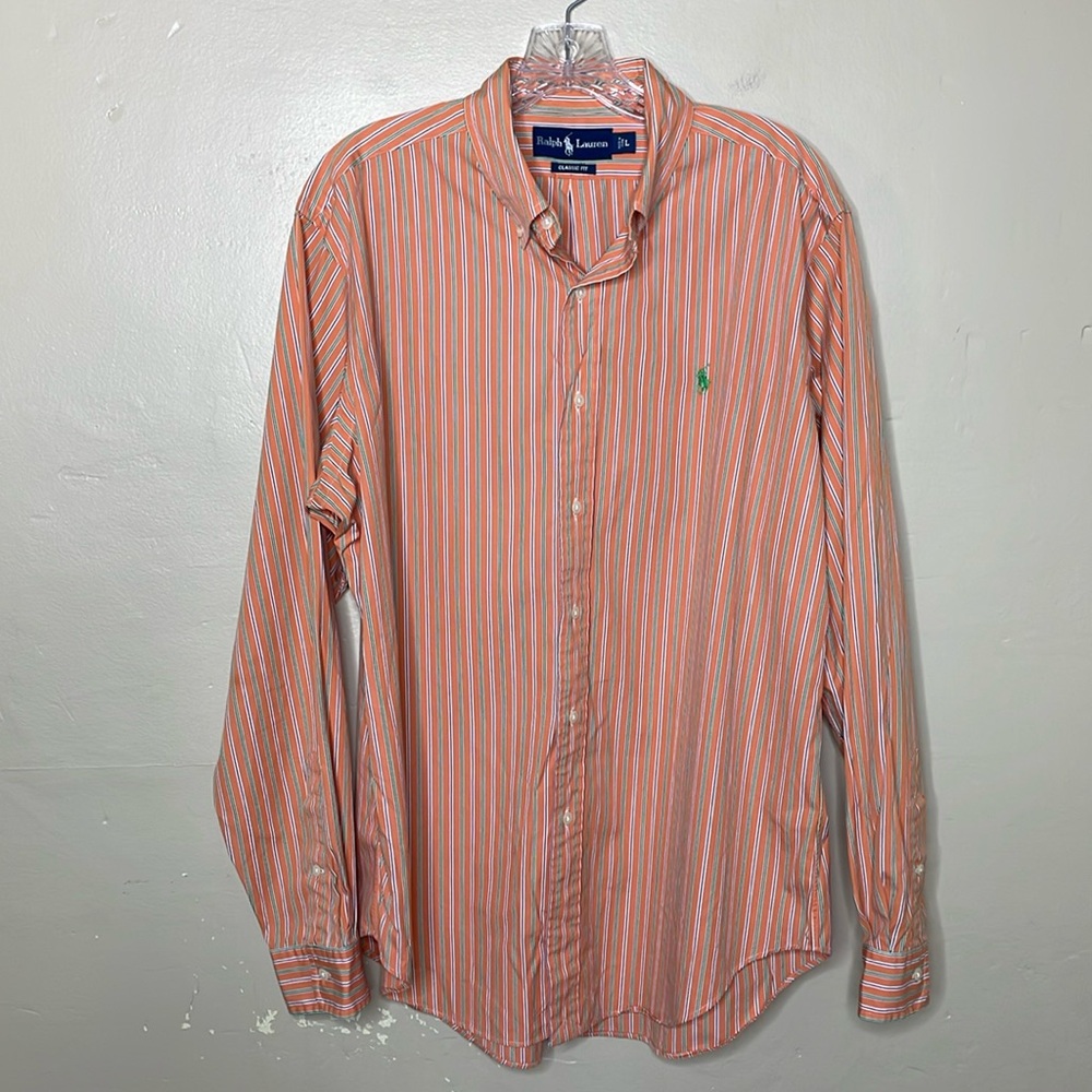 RALPH LAUREN Button Down Shirt Orange & Green Striped Cotton Classic Fit Large
